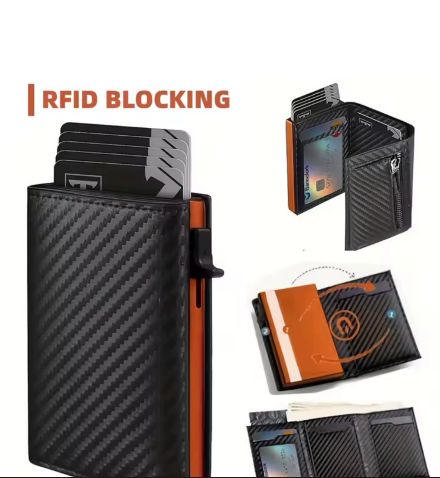 Men Carbon Fiber RFID Blocking Card Holder Wallet, Auto Pop Up Metal Credit Card Case with Magnetic Closure, Slim Mini Purse