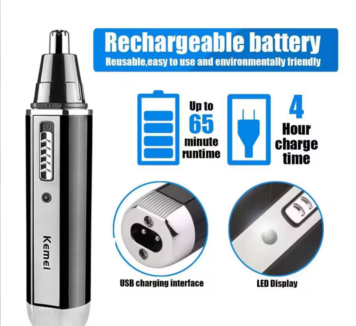 Kemei KM-6630 4 In 1 Trimmer For Men Electric Nose And Ear Trimmer Rechargeable Trimmer For Hair Beard Nose And Ear Cleaner