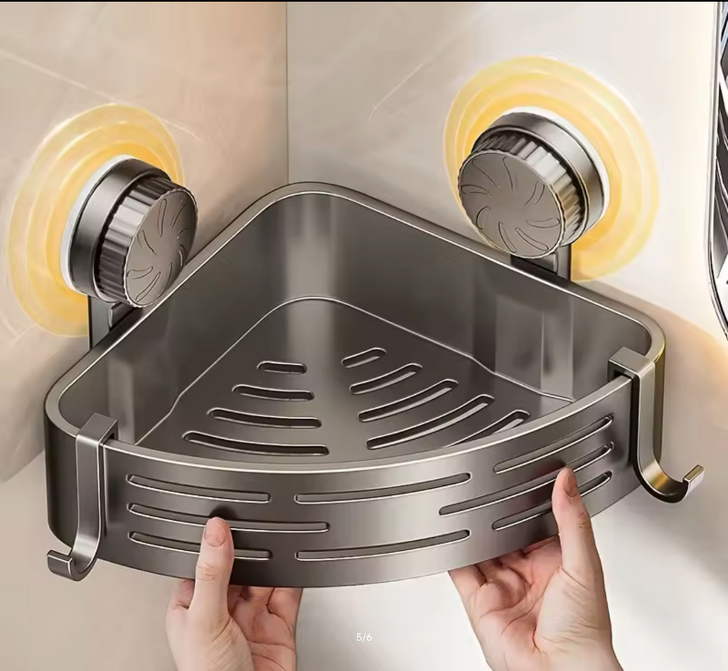 Space Saving Suction Cup Bathroom Rack with Sturdy Triangular Frame and Hook Rod