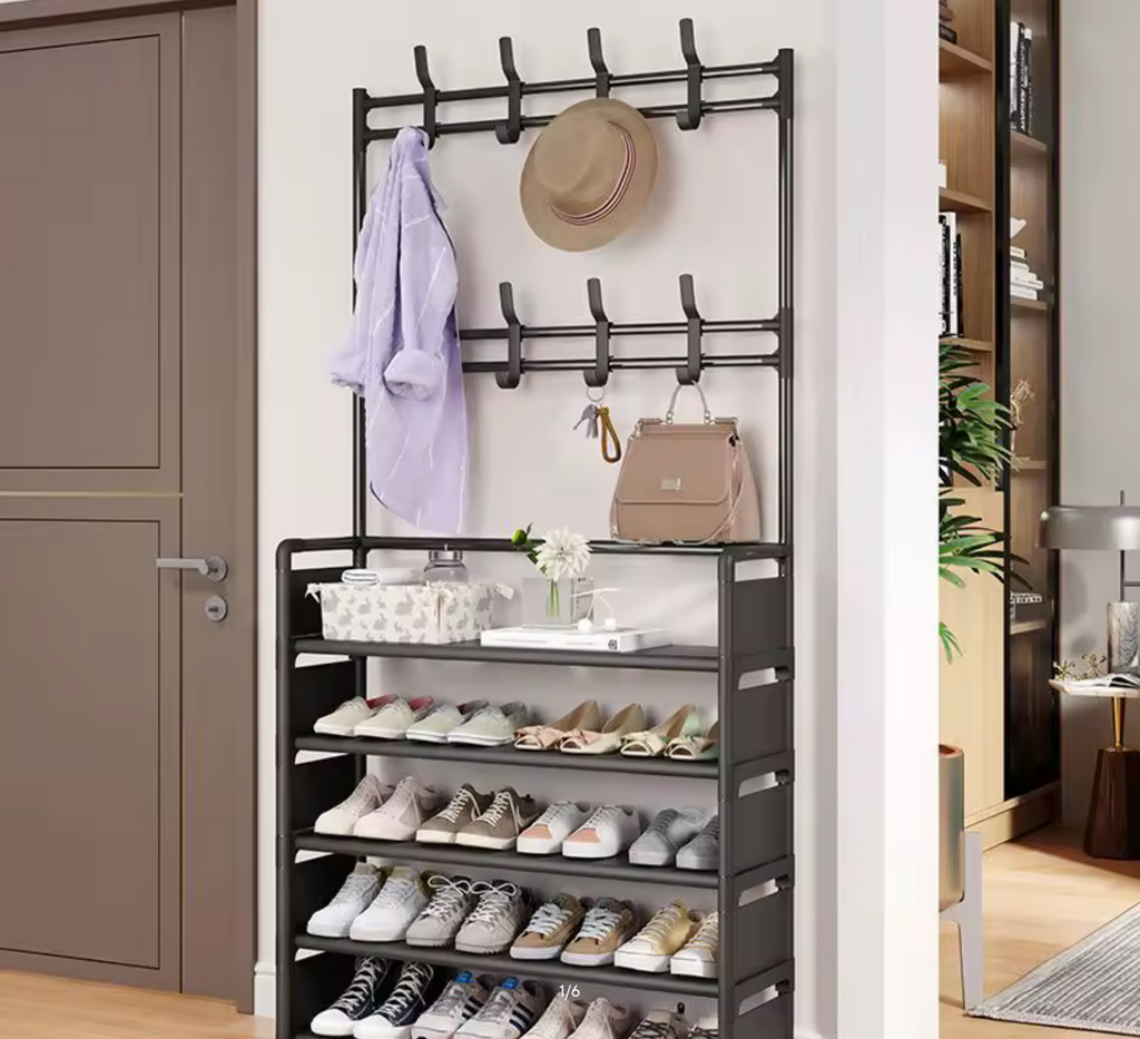 5-Tier Multifunctional Shoe Rack with 8 Hooks Home Clothes Hanger Hat Clothes Coat Rail Shelves Shoe Rack Storage