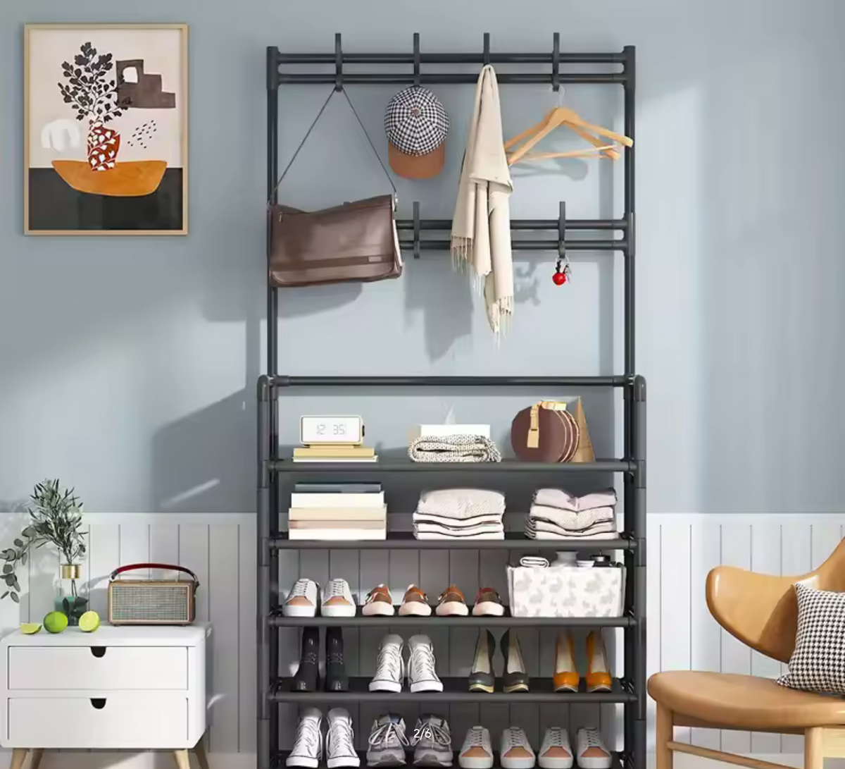 5-Tier Multifunctional Shoe Rack with 8 Hooks Home Clothes Hanger Hat Clothes Coat Rail Shelves Shoe Rack Storage