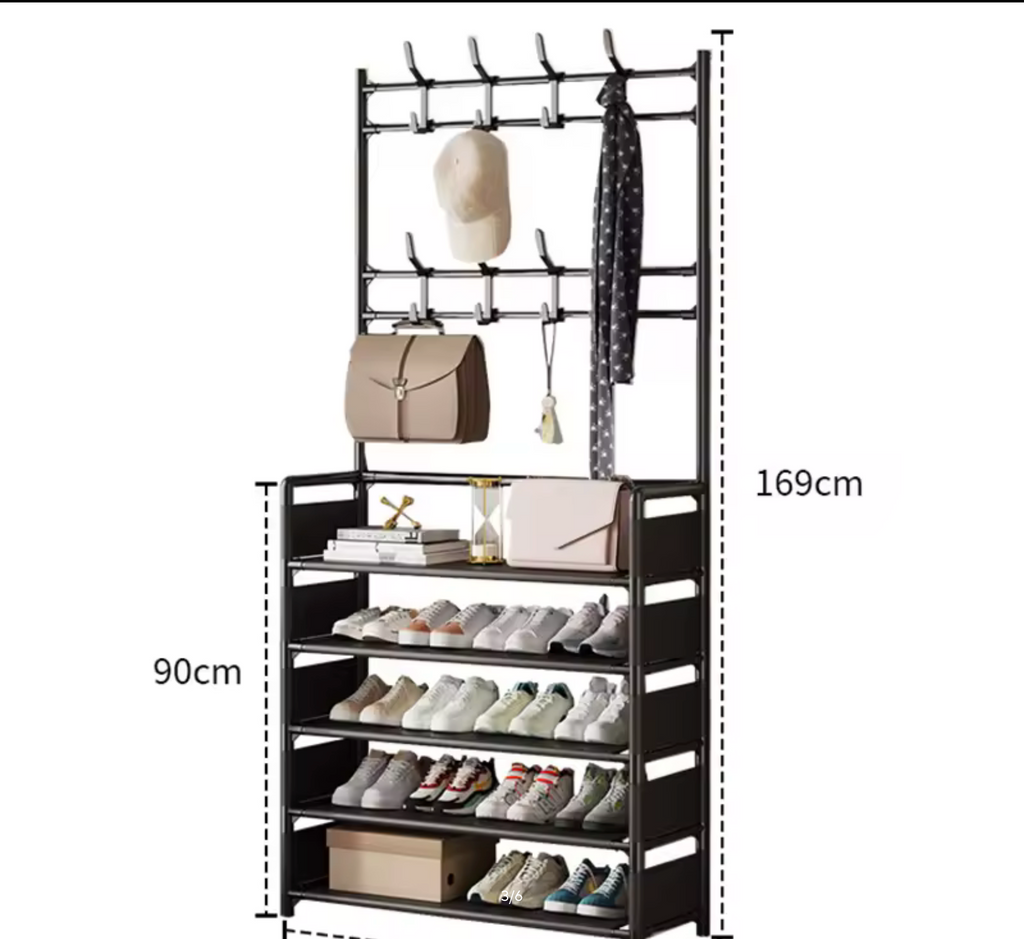 5-Tier Multifunctional Shoe Rack with 8 Hooks Home Clothes Hanger Hat Clothes Coat Rail Shelves Shoe Rack Storage