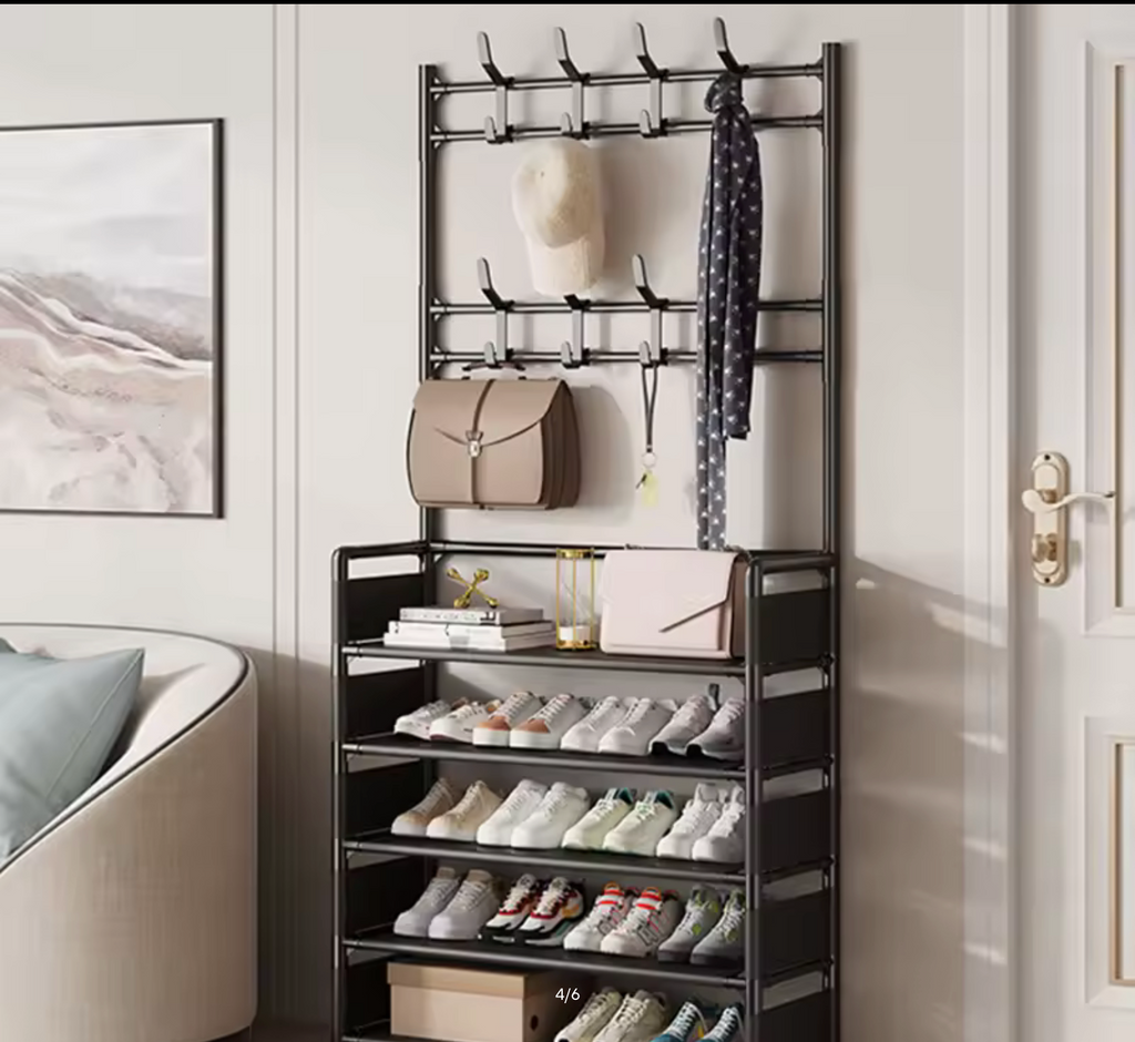 5-Tier Multifunctional Shoe Rack with 8 Hooks Home Clothes Hanger Hat Clothes Coat Rail Shelves Shoe Rack Storage