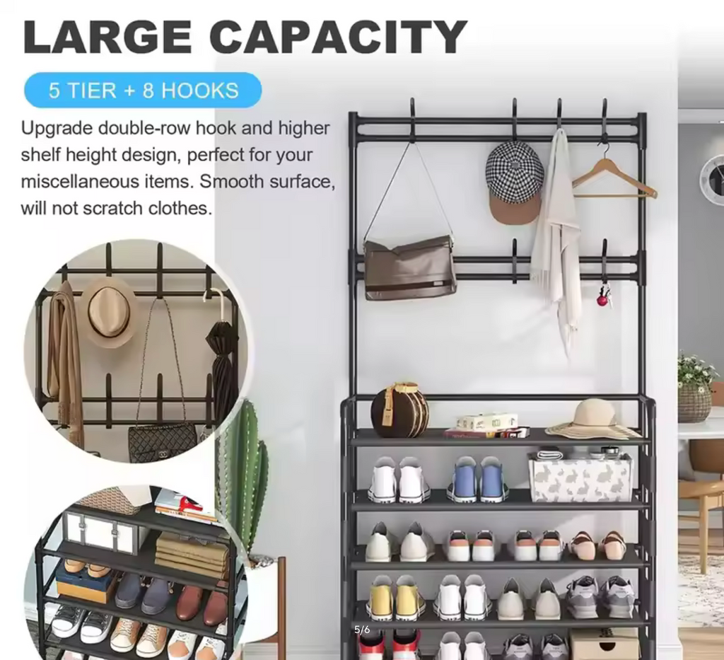 5-Tier Multifunctional Shoe Rack with 8 Hooks Home Clothes Hanger Hat Clothes Coat Rail Shelves Shoe Rack Storage