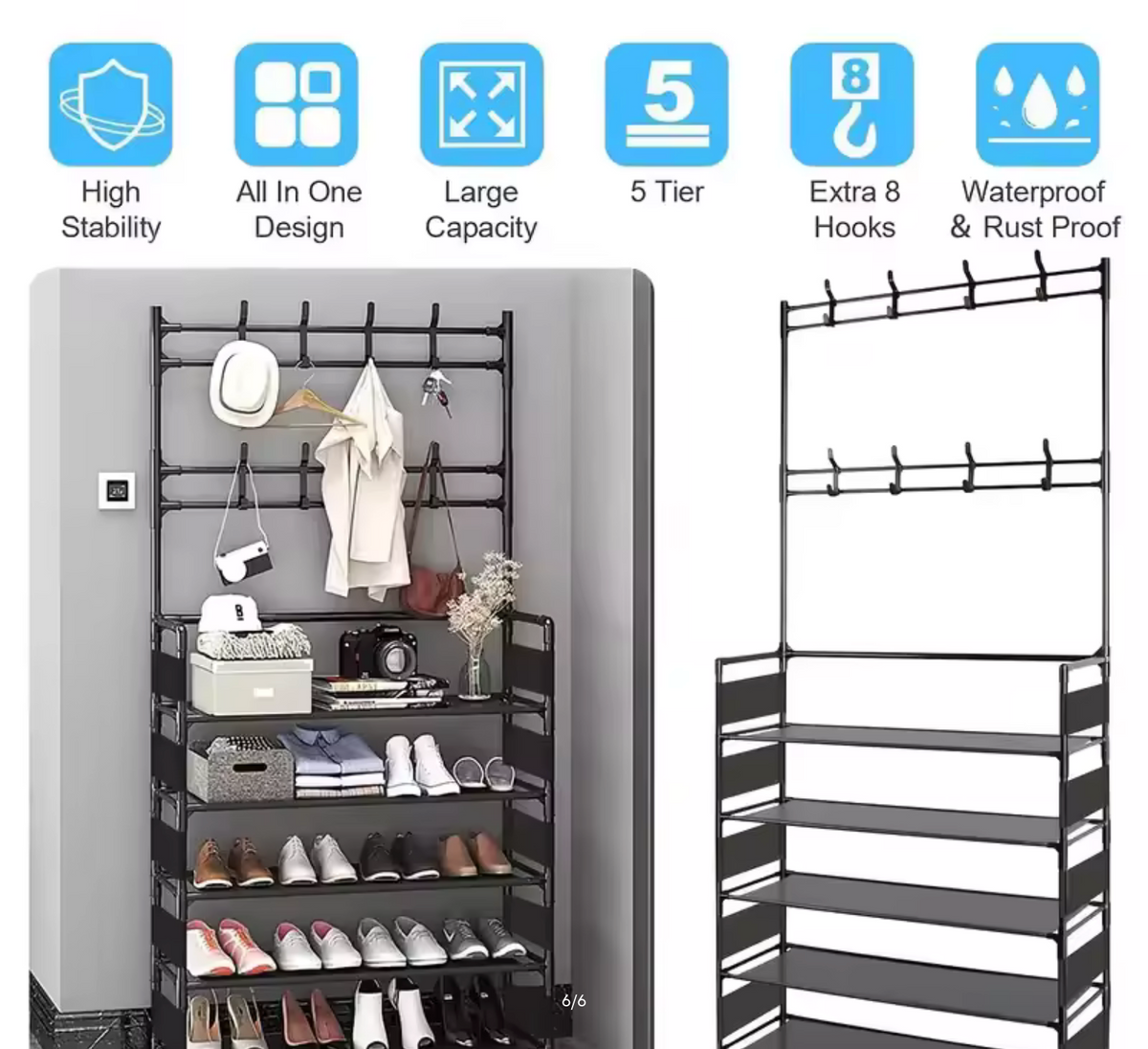 5-Tier Multifunctional Shoe Rack with 8 Hooks Home Clothes Hanger Hat Clothes Coat Rail Shelves Shoe Rack Storage