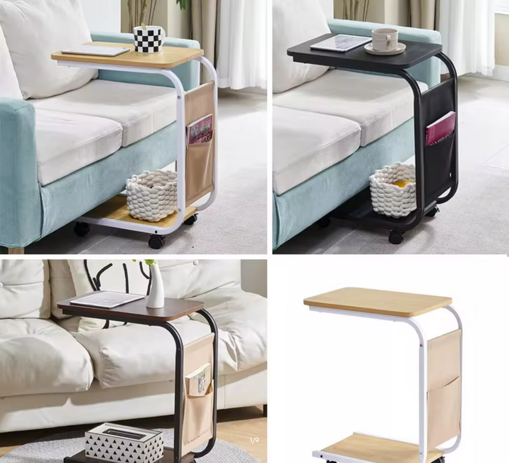 BonChoice C Shaped Side Table with Wheels for Living Room, Mobile Sofa Side End Table, Portable Snack Coffee Table Bedside Table