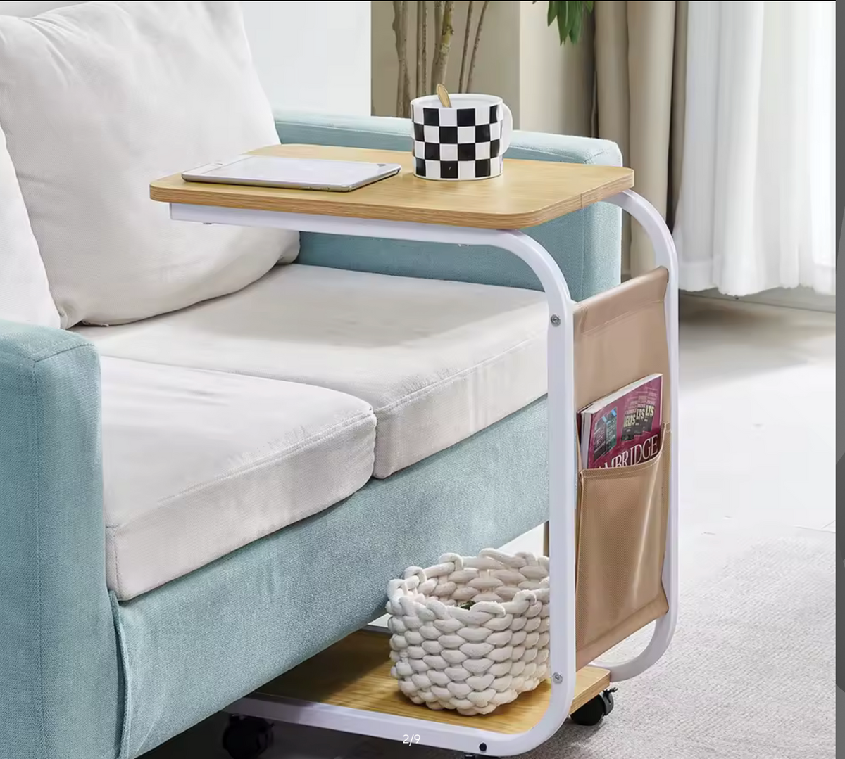 BonChoice C Shaped Side Table with Wheels for Living Room, Mobile Sofa Side End Table, Portable Snack Coffee Table Bedside Table