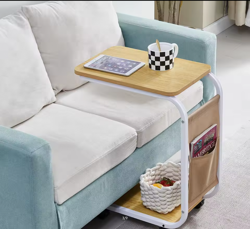 BonChoice C Shaped Side Table with Wheels for Living Room, Mobile Sofa Side End Table, Portable Snack Coffee Table Bedside Table