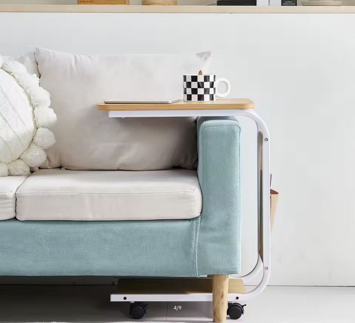 BonChoice C Shaped Side Table with Wheels for Living Room, Mobile Sofa Side End Table, Portable Snack Coffee Table Bedside Table