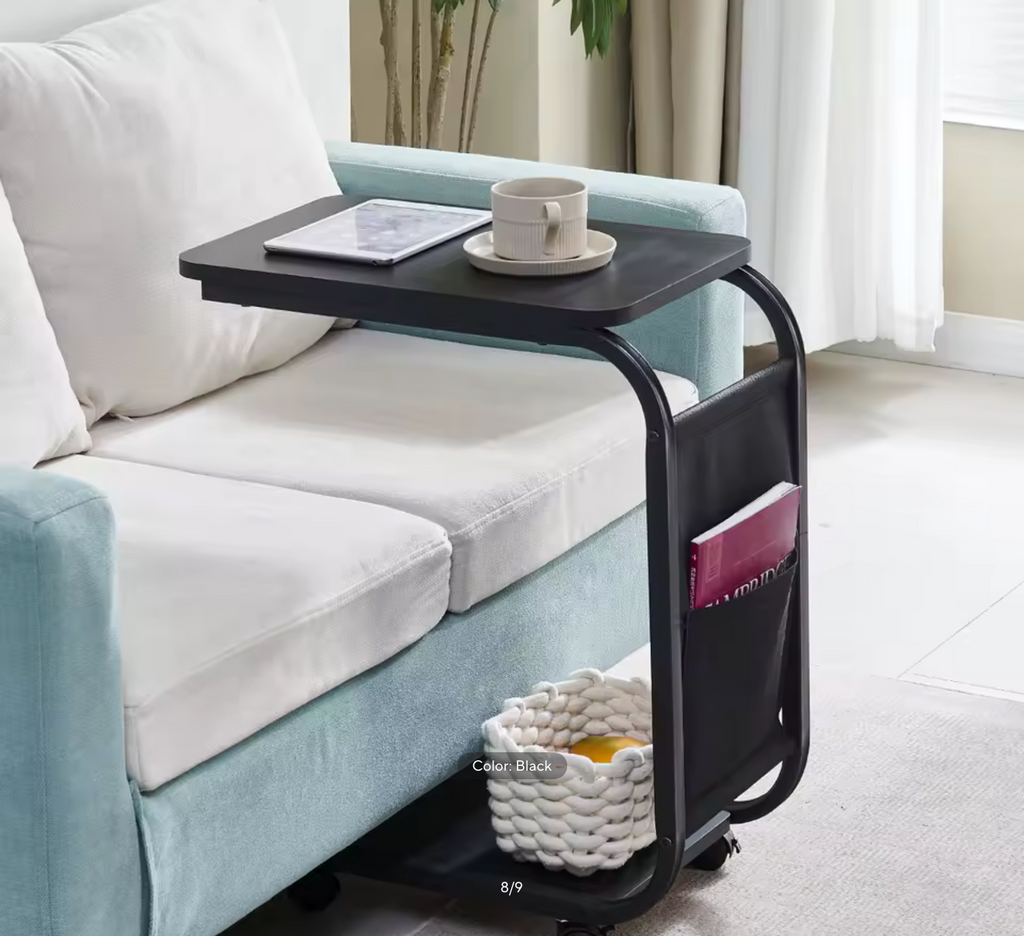 BonChoice C Shaped Side Table with Wheels for Living Room, Mobile Sofa Side End Table, Portable Snack Coffee Table Bedside Table