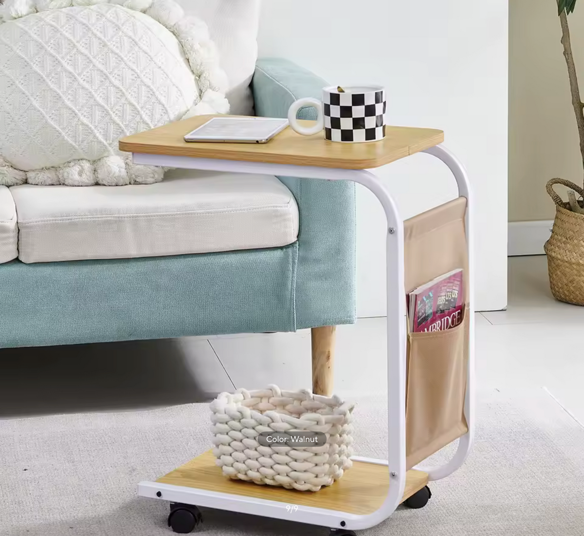 BonChoice C Shaped Side Table with Wheels for Living Room, Mobile Sofa Side End Table, Portable Snack Coffee Table Bedside Table
