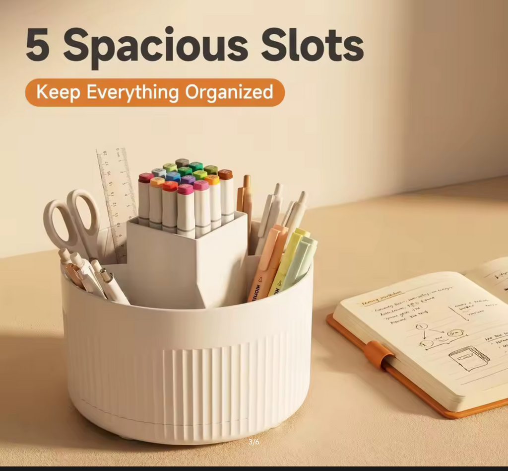 360 Rotating Plastic Desk Pen Organizer with 5 Slots, Dual-Purpose Art Supply Pencil Cup for Office, School, Home