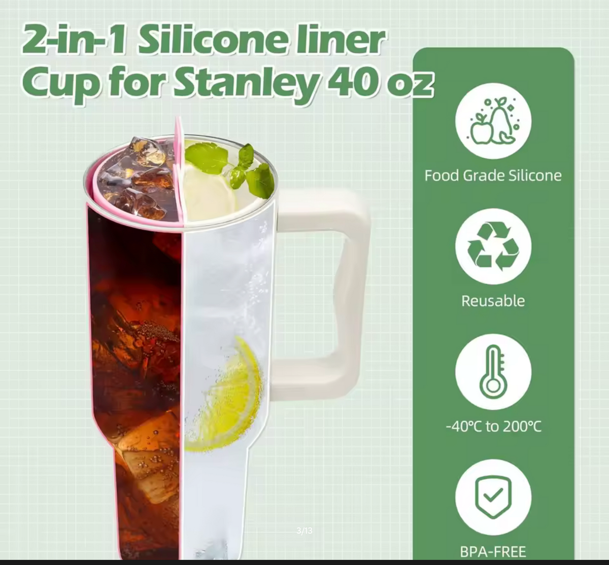Silicone 2in1 Cup Drink Divider Compatible with Stanley Tumbler 40 oz Cup Separator with Lid for Dualsided Drink Double Drinks