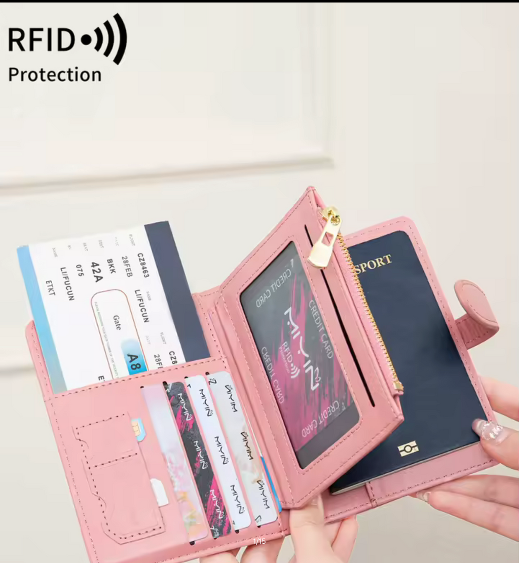 Multi functional RFID anti-theft brush passport bag fashionable multi card slot passport clip PU leather large capacity wallet