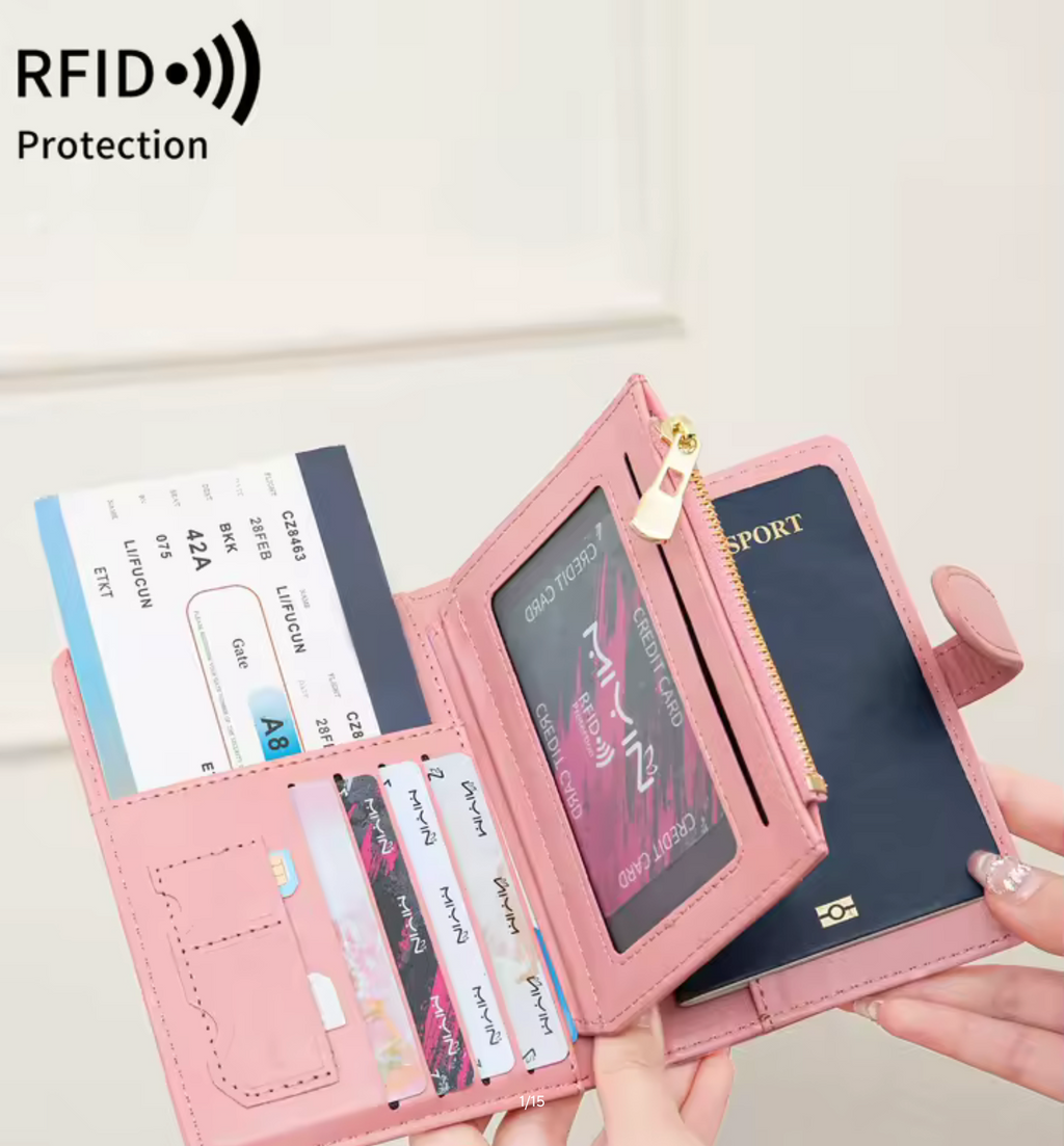 Multi functional RFID anti-theft brush passport bag fashionable multi card slot passport clip PU leather large capacity wallet