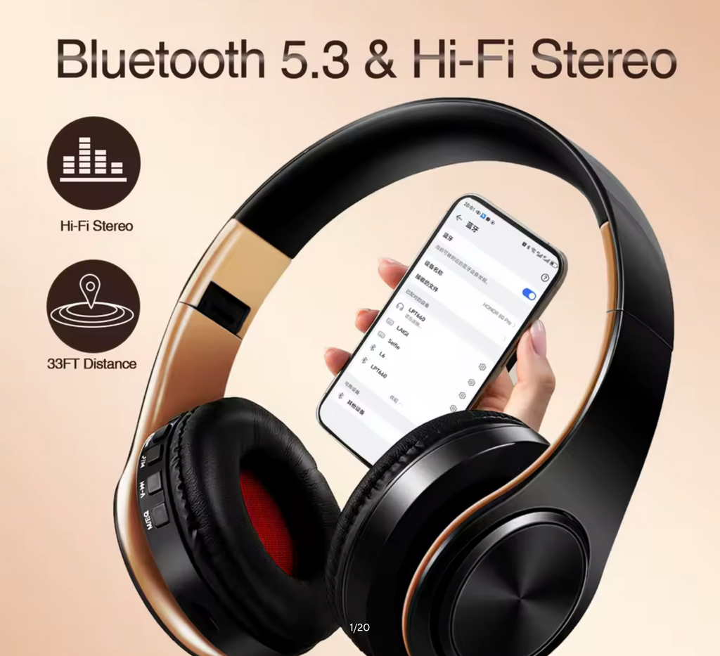 Men Gift Gold Wireless Headphones Bluetooth Earphone Stereo Headset Game with Build-in MIC with Universal for Android and iOS