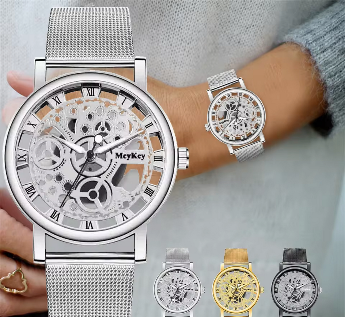 Fashion Top Women Hollow Skeleton Faux Mechanical Watch Ladies Metal Mesh Quartz Wrist Watch