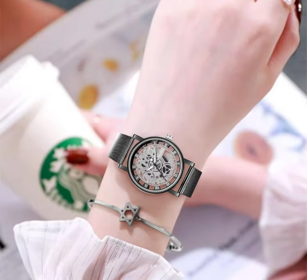Fashion Top Women Hollow Skeleton Faux Mechanical Watch Ladies Metal Mesh Quartz Wrist Watch