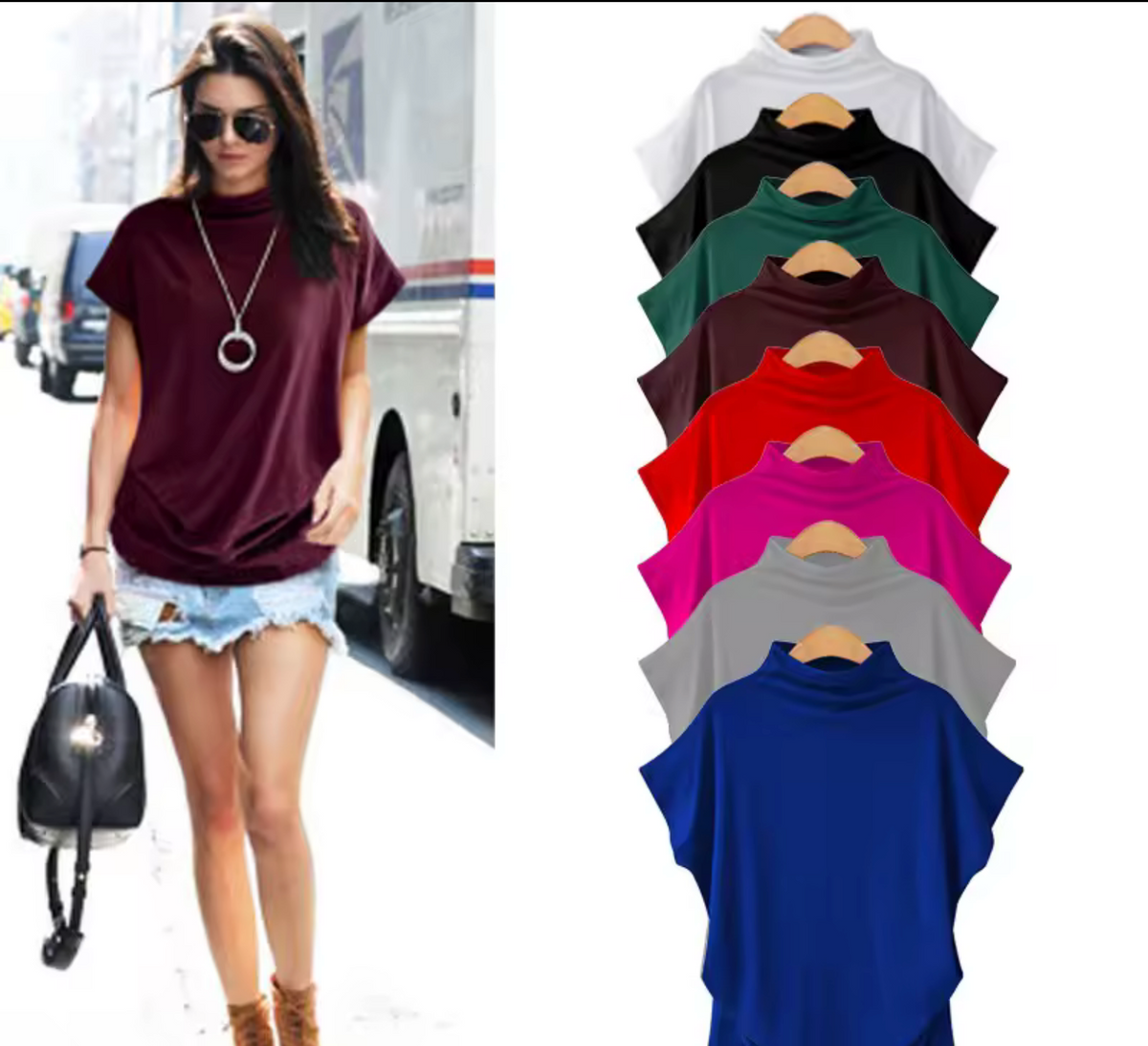 European High Neck Short Sleeve T-Shirt - Women Casual Basic Summer Top