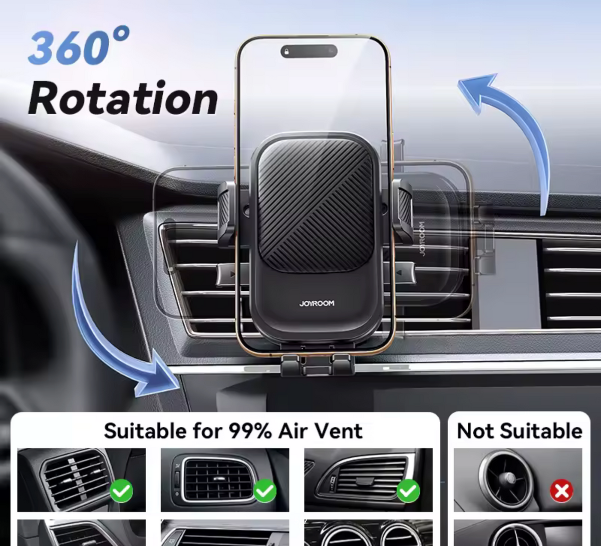 Joyroom Phone Holder Mount for Car Air Vent Hands-Free Universal Cell Phone Mount 360° Rotation for iPhone Samsung Xiaomi Huawei