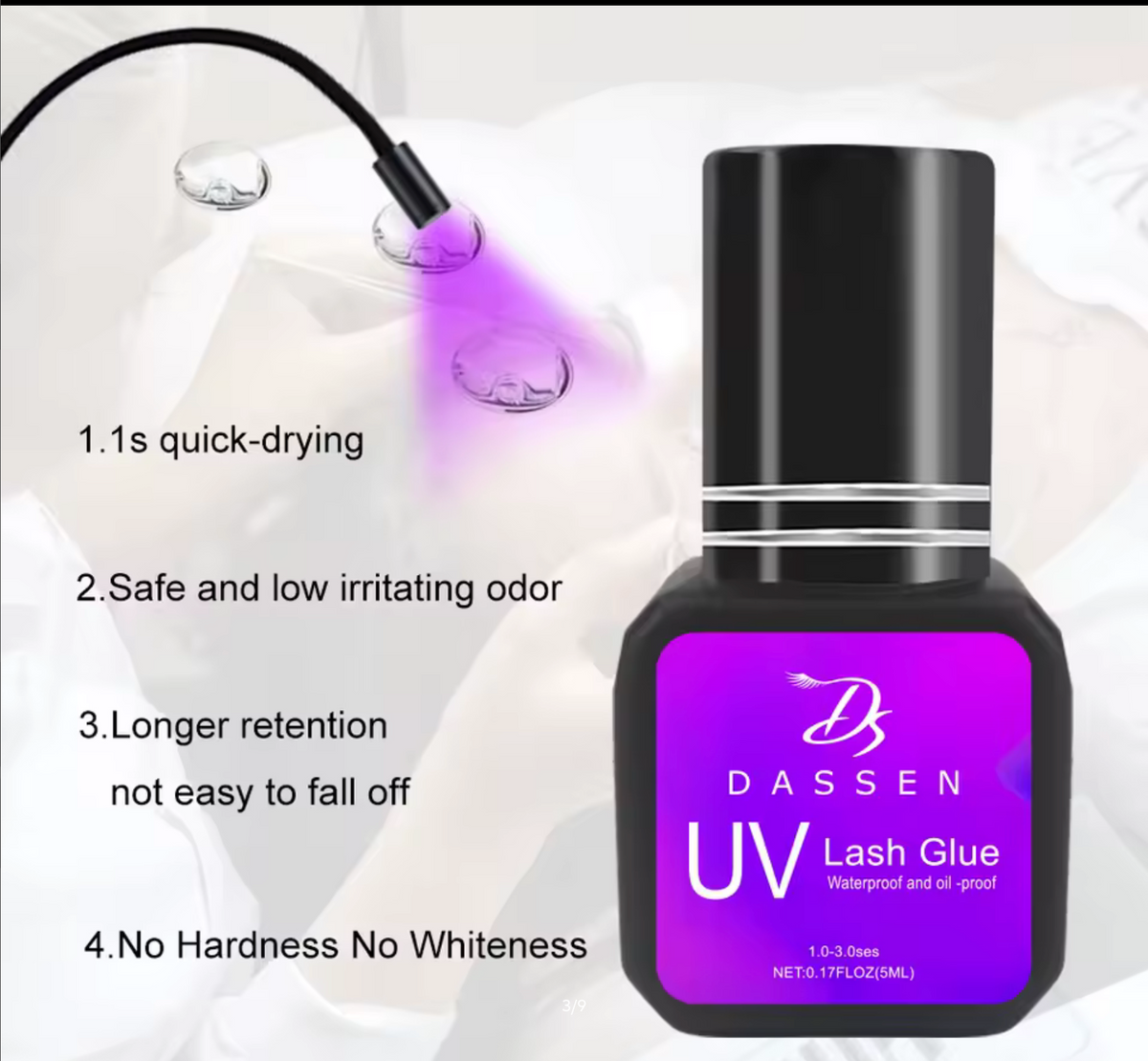 Dassen 5ml UV Eyelash Extension Glue – 1S Fast Drying, Strong Hold, Long Lasting Non-Irritating Adhesive for Mink Lash Professional