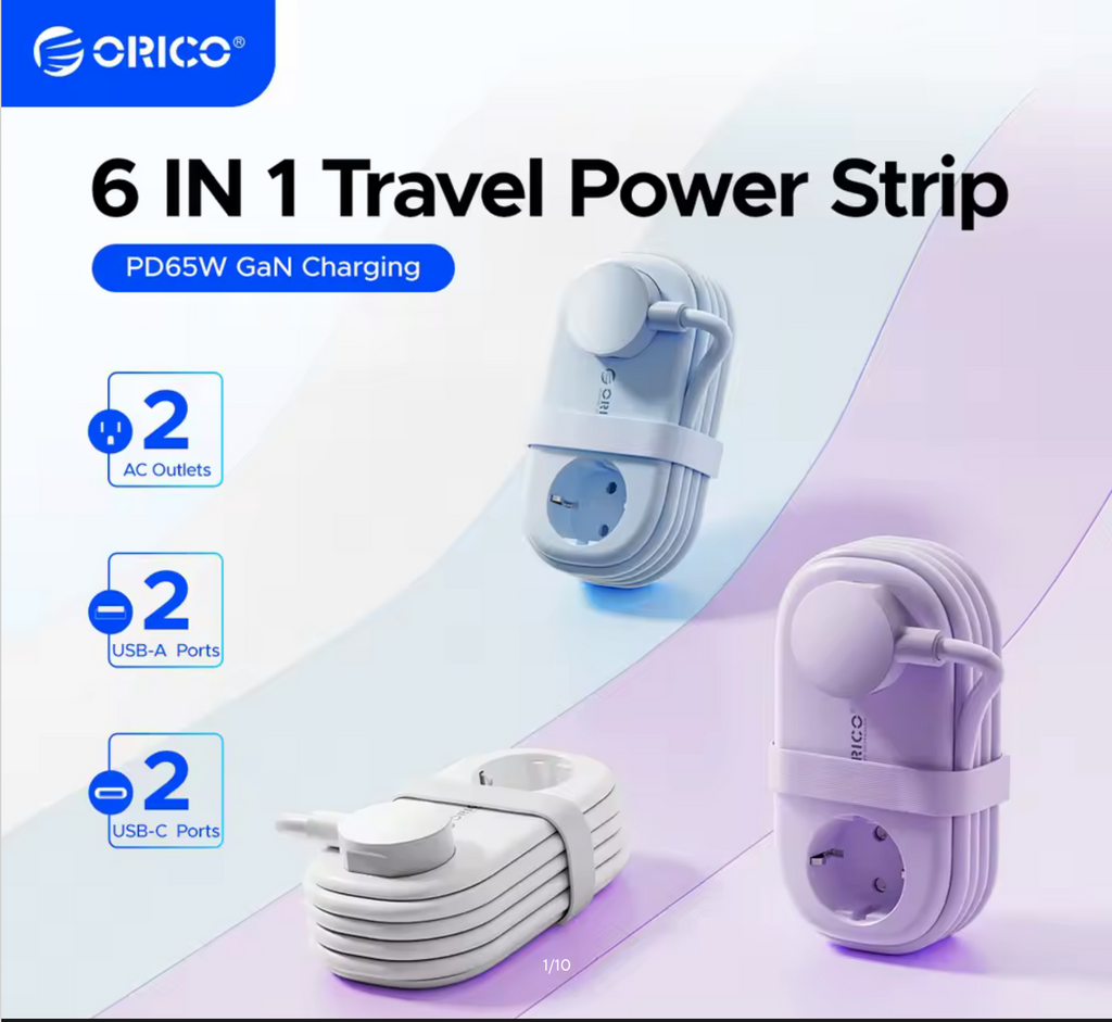 ORICO Cable-Wrap Portable Travel Power Strip 65W GaN Fast Charging Station with 2 AC Outlets 2 USB 2 Type-C EU Plug Adapter Home