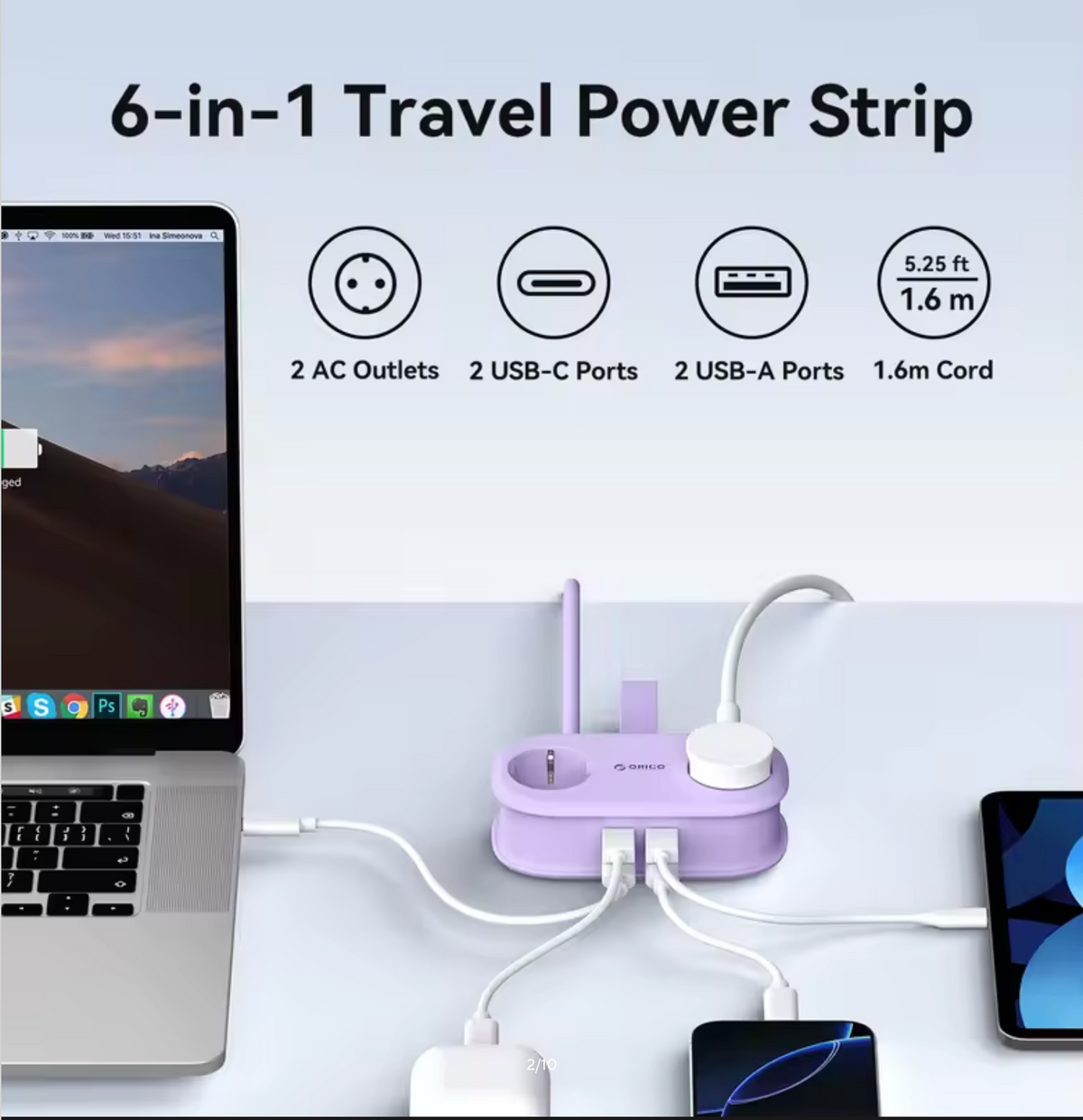 ORICO Cable-Wrap Portable Travel Power Strip 65W GaN Fast Charging Station with 2 AC Outlets 2 USB 2 Type-C EU Plug Adapter Home