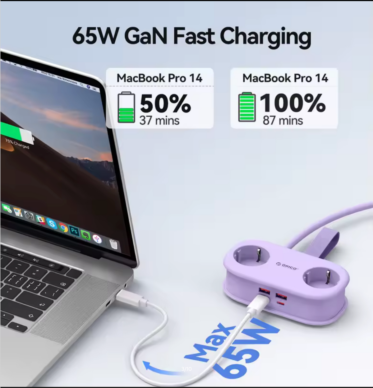ORICO Cable-Wrap Portable Travel Power Strip 65W GaN Fast Charging Station with 2 AC Outlets 2 USB 2 Type-C EU Plug Adapter Home