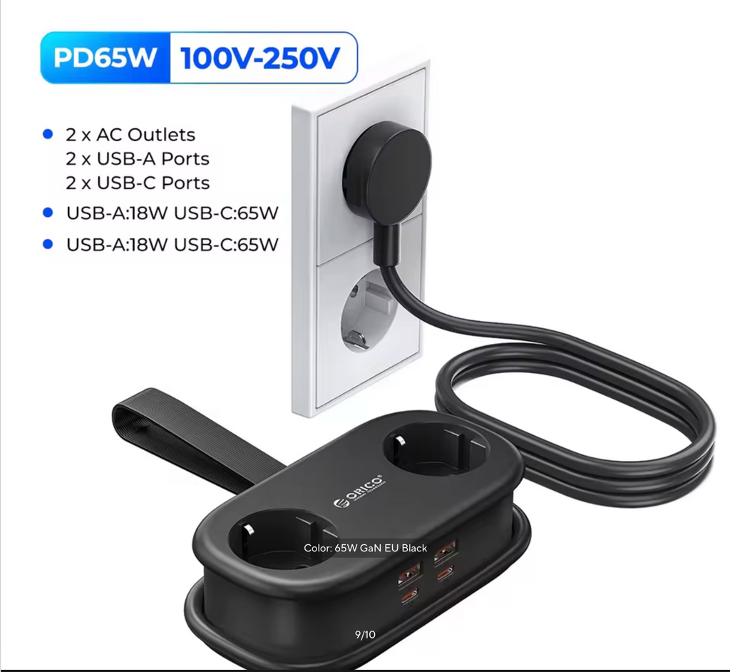 ORICO Cable-Wrap Portable Travel Power Strip 65W GaN Fast Charging Station with 2 AC Outlets 2 USB 2 Type-C EU Plug Adapter Home